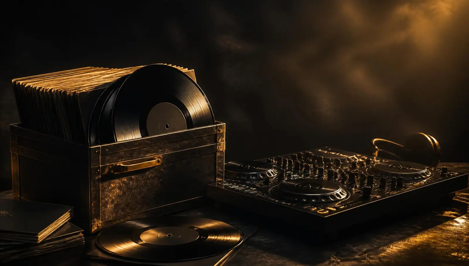 Vinyl crate and DJ controller lit by warm gold light